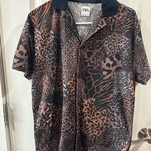 Zara Men's Brown and Black Animal Print Shirt